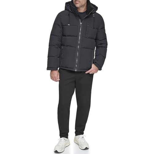 Andrew Marc Men's Water Resistant Hubble Crinkle Down Jacket with Removable Faux Fur Hood