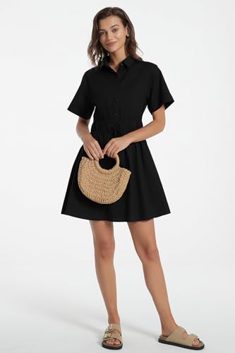 Image of D-Sun Women Casual Button Down Shirt Dress V-Neck Short Sleeve Tie Waist Mini Shirt A-Line Flowy Elegant Short Party Dress