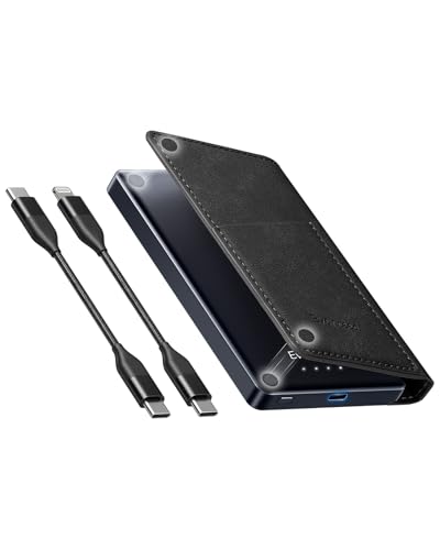 Portable Wallet Power Bank Slim 5000mAh Travel Essentials Battery Charger with USB C and Lightning Cables for iPhone, iPad, Samsung, Pixel, LG, Moto, Android, Compatible with Multiple Devices