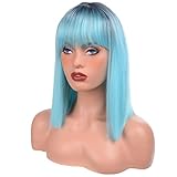 Short Bob Wigs With Bangs - Straight bob wig for women Teal Blue Wig 12inch Synthetic wig Heat Resistant Fiber Hair Natural and stylish look suitable for cosplay parties