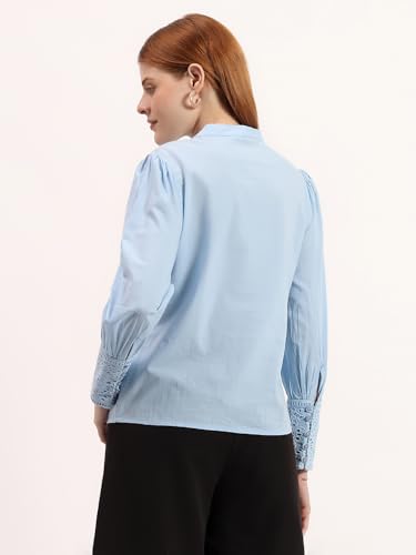 Image of Women's Blue Embroidered Panel Shirt | Elegant Mandarin Collar Button-Down Top | Full Sleeve Formal & Office Wear Shirt