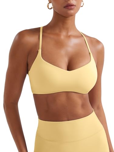 YEOREO CoreFlex Y Back Sports Bras for Women Padded Racerback Bra Paisely Light Impact Adjustable Straps Gym Workout Tops Milk Yellow M