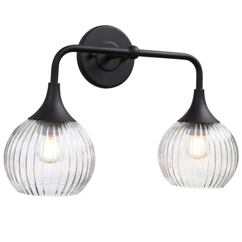 Image of Pathson 2-Lights Globe Wall Sconce Light, Striped Glass Bathroom Wall Vanity Lamp for Mirror, Hardwired Vintage Wall Sconce Lighting for Wall Painting Living Room Bedroom Farmhouse