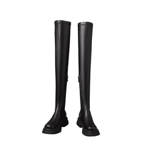 Botas Altas por Encima de la Rodilla para Mujer, Zapatos Largos elásticos Suaves de Suela Gruesa, Botas de Primavera con Suela Convexa sin Cordones de 4 cm,Negro,36 EU