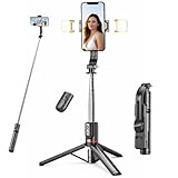 RUKK Trípode para Móvil y iPhone de 116cm con Luces LED, Palo Selfie Trípode con Control Remoto Bluetooth y Soporte de 360°, Trípe Telemóvel Estable para Vídeo y Fotos