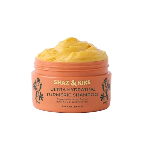 SHAZ & KIKS Champú ultra hidratante con cúrcuma | Champú sin sulfatos para cuero cabelludo seco con picazón y escamosa | Hidrata profundamente con cúrcuma y mantequilla de coco | 100 ml