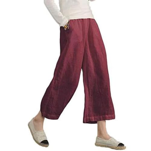 Womens Casual Lightweight Elastic Waist Linen Cotton Trouser Cropped Wide Leg Pants