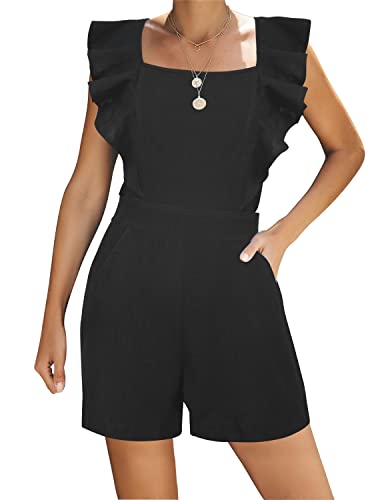 Fancyinn Women's Summer Backless Rompers Shorts Ruffles Sleeves Square Neckline Sleeveless Tie Back Jumpsuits With Pockets Black S #TOP12
