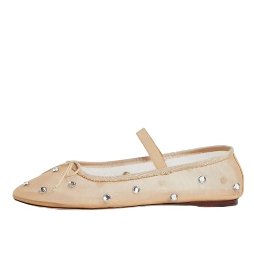 Women's Sheer Mesh Ballet Flats, Rhinestone Embellished, Bow Accented Toe with Elastic Mary Jane Strap, Elegant Comfortable Dressy Flats