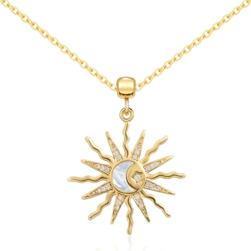 Aohik 14K Gold Plated Sunburst Necklace for Women Sun and Moon Necklace Pendant with Mother of Shell and Cubic Zirconia Jewelry for Gifts