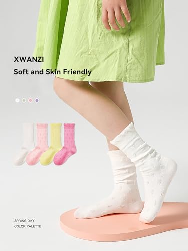 Girls Socks Dot Pattern Ruffed Crew Mid-Calf Solid Boneless Mesh Cute Casual Socks for Girls 4 Pairs4
