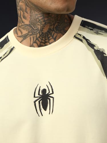 Image of The Souled Store Spider-Man: Ink'd Men and Boys Short Sleeve Round Neck Cream Graphic Printed Superhero Casual Lightweight Drop Shoulder Streetwear Trendy Cotton Oversized T-Shirts