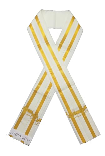 Image of 2 Meters Men's Silk cotton Zari Big Border Dhoti /lungi /vesti with Angavastram /gamcha towel /white RJ1