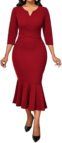 Image of Elegant Dress for Women Sexy V Neck Long Sleeve Bodycon Midi Fishtail Dresses