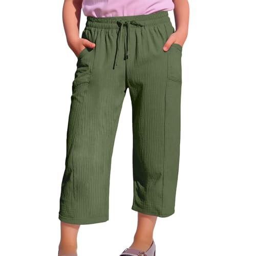 Kids Cotton Linen Cropped Sweatpants Baggy Wide Leg Elastic Casual Joggers Pants Girls Plain Fall Plus Size Trousers