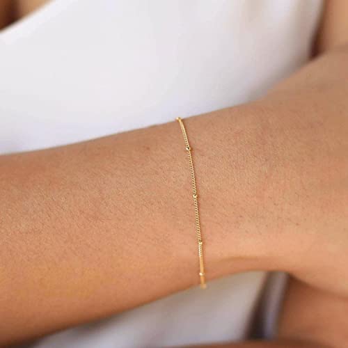 Image of Womens Dainty Gold Chain Bracelet,Simple Layered Chain Bracelets,Beaded Turquoise Bracelet,Charm Crystal Bar,Heart,Karma,Triangle,Pearl Bracelets for Women