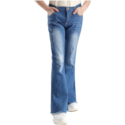 iiniim Teens Girls High Waisted Flared Denim Pants Slim Fit Ripped Holes Jeans Washed Bell Bottom Casual Wear3