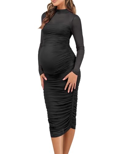 Dedysler Maternity Mesh Bodycon Dress for Wedding Guest Sexy Mock Neck Baby Shower Long Sleeve Pregnancy Clothes with Zipper