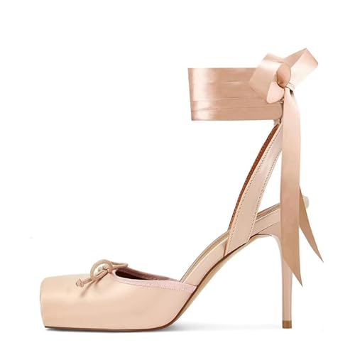 Image of Satin Ballet Heels for Women with Bow Square Toe Ballerina Stiletto Heels Lace Up High Heel Slingback Pumps Strappy Mary Janes Cute Elegant Party Shoes