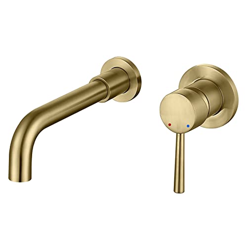 HMEGAO Wall Mount Bathroom Faucet Brushed Gold Bathroom Faucet Bathroom Sink Faucet with Single Handle and Rough in Valve Included