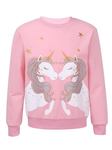 Jowowha Mädchen Pullover Sweatshirt Glitzernde Einhörner/Pferd Druck Pulli Rundhals Langarmshirt Casual Jumper Tops Oberteile Gr.98-176 Rosa 122-128