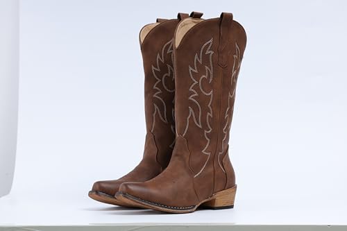 Image of IUV Cowboy Boots for Women Mid Calf Fashion Cowgirl Boots with Embroidery Western Snip Toe