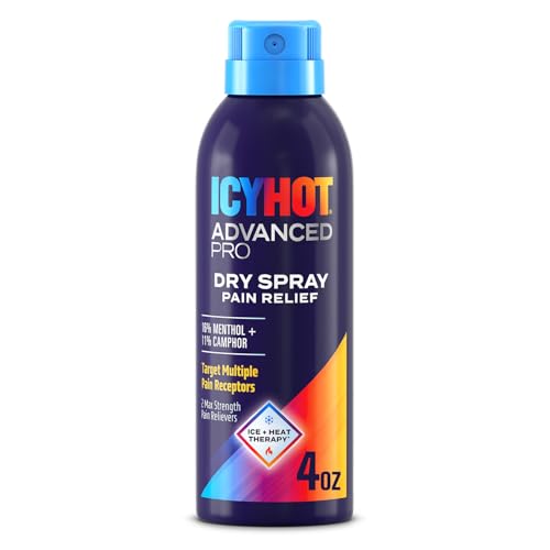 Icy Hot Advanced PRO Pain Relief Dry Spray Fast-Acting and Quick-Drying Formula Max Strength Pain Relief with Menthol 16% and Camphor 11% for Backaches Joints Muscle Strains and Arthritis 4 oz