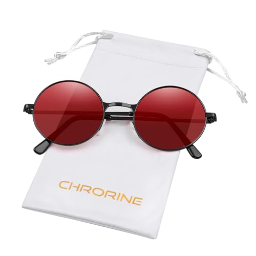CHRORINE CHORINE Hippie Sonnenbrille Rund Retro Stil der 70er Jahre für Damen und Herren Party Accessoire Festival Mode Vintage Sonnenbrille (Schwarzes Gestell Rote Gläser)