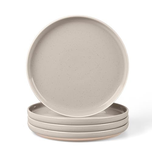 Image of LIANYU Stoneware Dinner Plates Set of 4, 10.5 Inch Porcelain Kitchen Plates, High Edge Flat Dishes Set for Steak, Salad, Dessert, Microwave & Dishwasher & Oven Safe, Scratch Resistant, Milky Brown