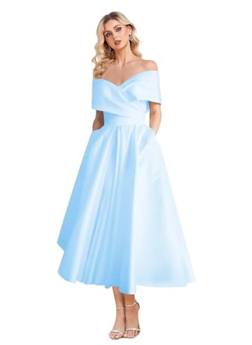 Image of Women's Off Shoulder Wedding Dress for Bride Tea Length A Line Satin Formal Prom Dresses with Pockets