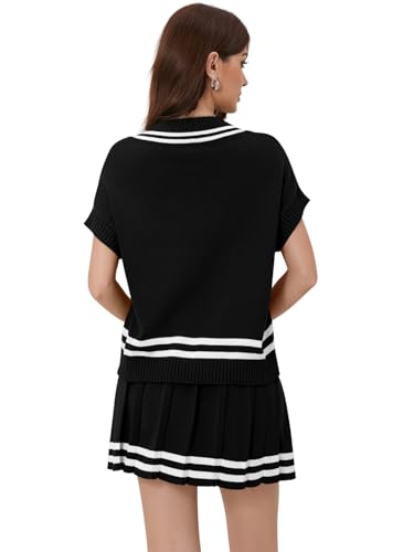 Women 2 Piece Skirt Sets Summer Short Sleeve Cable Striped Knit Tops and Pleated Mini Skirt Two Piece Outfits4