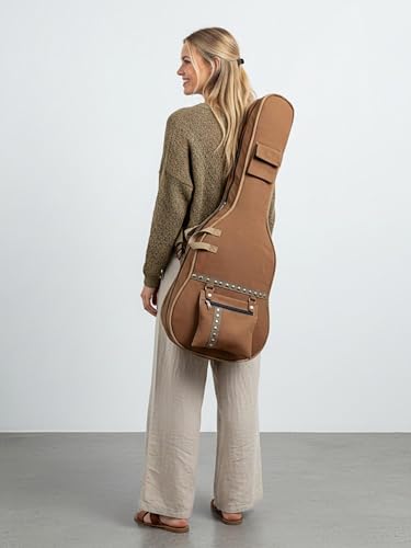 Image of The House of tara Cotton Canvas Fabric Acoustic Guitar Bag Cover for Men and Women | Modern Guitar Case | 100% Cotton Inner Lining | Adjustable Straps | Padded Protection | Zip Pocket | Khaki Brown