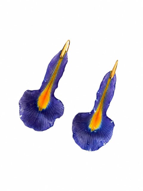 Orecchini a Petalo di Iris Viola e Arancione con Gancio Dorato | Forma Floreale Naturale, Resina Lucida, Bicolore Viola-Arancio, Gancio in Metallo Dorato, Design Botanico