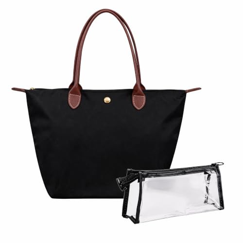 1 Umhängetasche + 1 Kosmetiktasche Groß Damen Taschen Set Faltbare Handtasche Schule wasserdichte Schultertasche Reisetasche Shopper für Alltag & Büro (Schwarz)