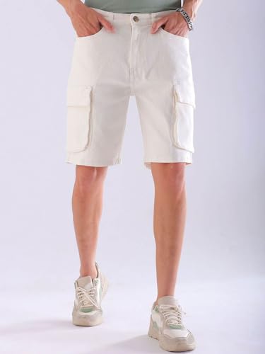 Image of The Indian Garage Co Men Relaxed Fit Solid Mid-Rise Denim Cargo Shorts