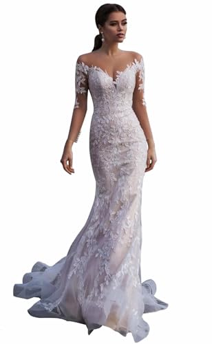 HUINI Spitze Lang Brautkleid Hochzeitskleid für Damen Meerjungfrau Prinzessin Boho Braut Maxikleid Rückenfrei Champagner 36 HUINI Spitze Lang Brautkleid Hochzeitskleid für Damen Meerjungfrau Prinzessin Boho Braut Maxikleid Rückenfrei Champagner 36