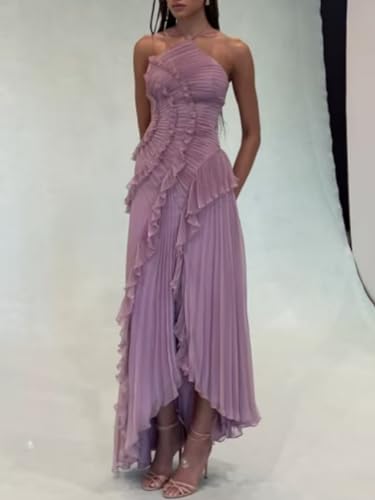 Image of Women Y2k Backless Long Dress Halter Tie Neck Maxi Dress Flowy Beach Sundress Summer Streetwear