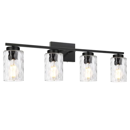 Image of 4 Light Bathroom Vanity Light Fixture Over Mirror, Black Bathroom Wall Sconce Lighting Fixtures Indoor with Clear Hammered Glass Wall Mount Lighting for Porch Kitchen Bedroom Bedside,Hallway