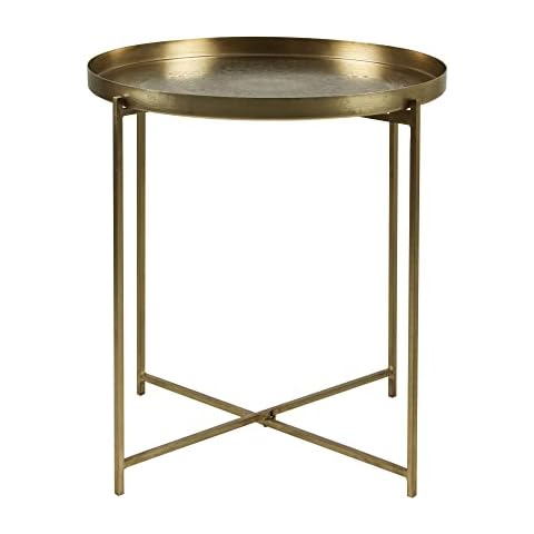 East at Main Gold Tray Top Round Side Table, Decorative End Table with Antique Brass Finish, Intricate Hand Carving, Strong Iron Legs - 20" X 21.7" Cover