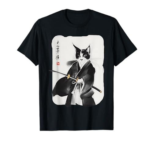 Samurai Cat Vintage Japanese Ukiyo-e Warrior Art Graphic T-Shirt