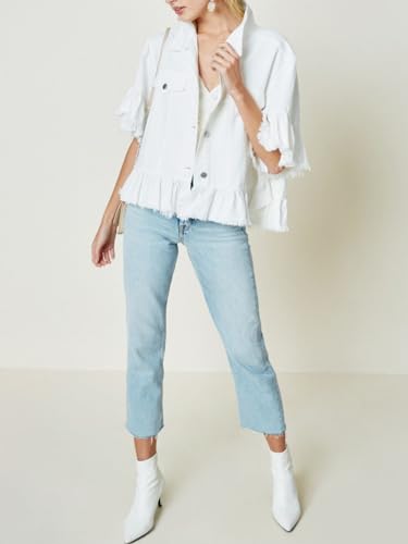 Womens Short Ruffle Trim Sleeves Washed Denim Jacket Button Down Jean Jacket with Ruffle Hem4