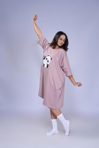 Image of LAMA STORE Women's Printed Oversized T-Shirt Dress, Cotton, 3 /4 Sleeve Length, Casual Loose Fit, Comfort Wear Extra Comfy Oversized Printed Pocket T-Shirt Dress