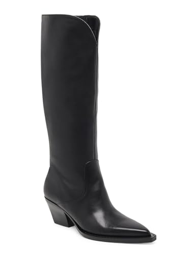 Image of Coutgo Womens Wide Calf Cowboy Boots Suede Knee High Chunky Heel Pointed Toe Western Cowgirl Boots