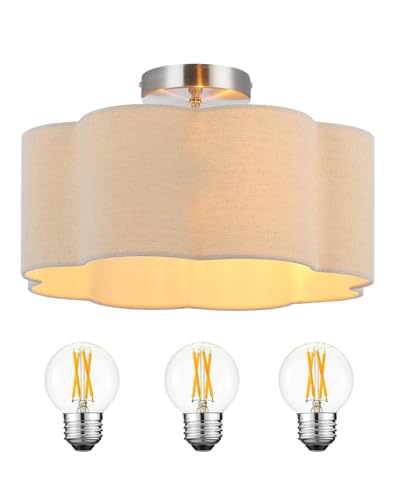 Newrays 3-Luci Lampadario da soffitto a semi-incasso, paralume in tessuto biancheria, moderno, vicino al soffitto, per camera dei bambini, camera da letto, cucina, ingresso con 3 lampadine a LED