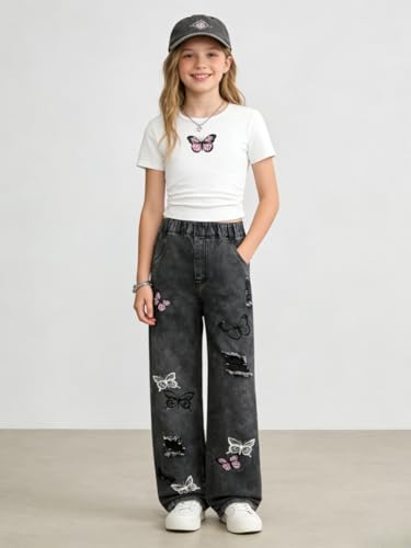 Image of Azmxynol Tween Girl Clothes Short Sleeve Top + Butterfly Design Jeans 2 Pieces Spring Summer Outfit Set, Size 6-16 Years