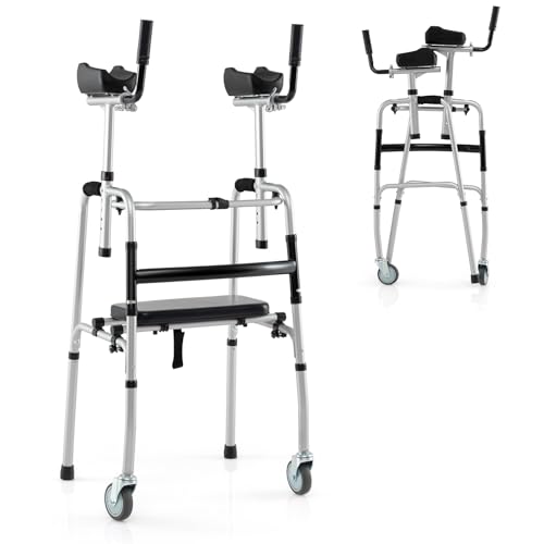 COSTWAY Wheeled Walking Frame, Height Adjustable Rollator Walker with Armrest Pads and Wheels, Foldable Rehabilitation Auxiliary Mobility Aids for Elderly Disabled (Silver)