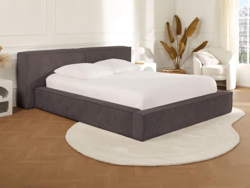 Venta-Unica - Cama con Almacenamiento 160 x 200 cm - Terciopelo Acanalado - Topo + Colchón - TIMANO