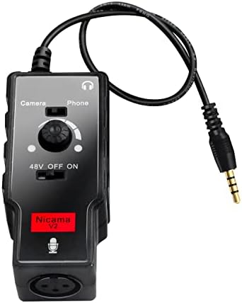 Nicama XLR Female to 3.5mm TRS and TRRS Adapter with Phantom Power for Shotgun or Condenser Microphones, V2 Mic Preamp for iPad DSLR Camera