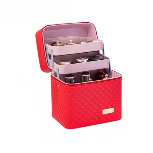 「Jiasemine」メイクボックス コスメボックス 大容量 化粧箱 収納ケース 小物入 ブラック ミラー付 (レッド,24*17*24cm)