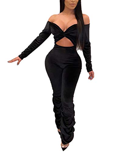 Aro Lora Women's Velvet Off Shoulder Long Sleeve Cut Out Ruffle Bell Bottom Pant Bodycon Club Jumpsuit Romper X-Large Black